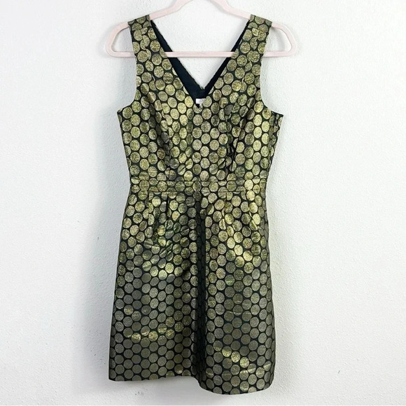 J. Crew Fit & Flare Black w/ Metallic Gold Dot Jacquard V-neck Mini Dress size 2 - Picture 9 of 12